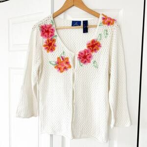 JH Collectibles White Knit Cardigan Large Floral Embroidered 3/4 Sleeve Top